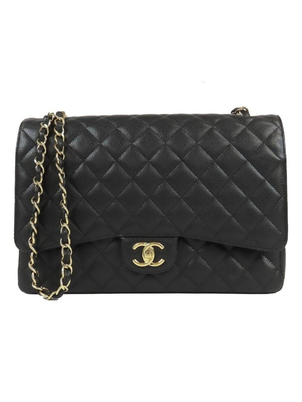 Chanel Double Flap Chain Black Gold Caviar Leather Maxi Quilted Shoulder Bag